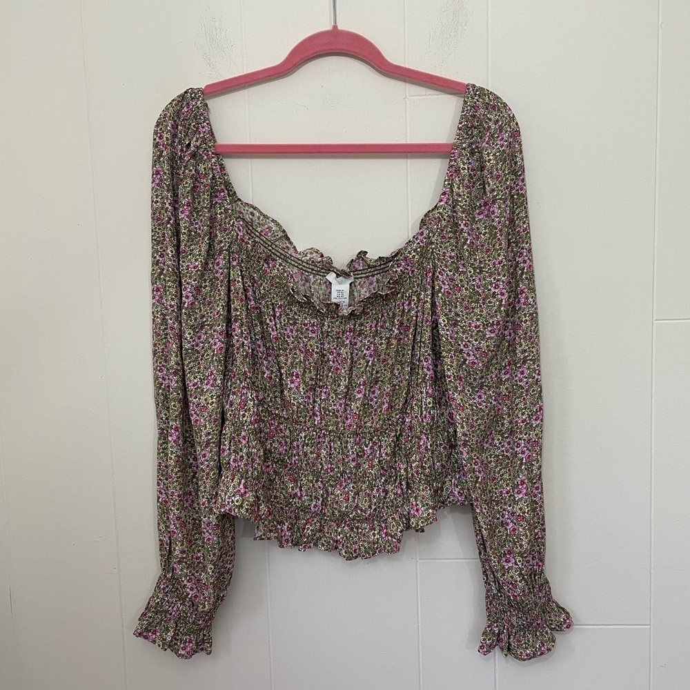 H&M Floral Prairie Blouse Size XL Pink Green Romantic Coquette Girl Cottage